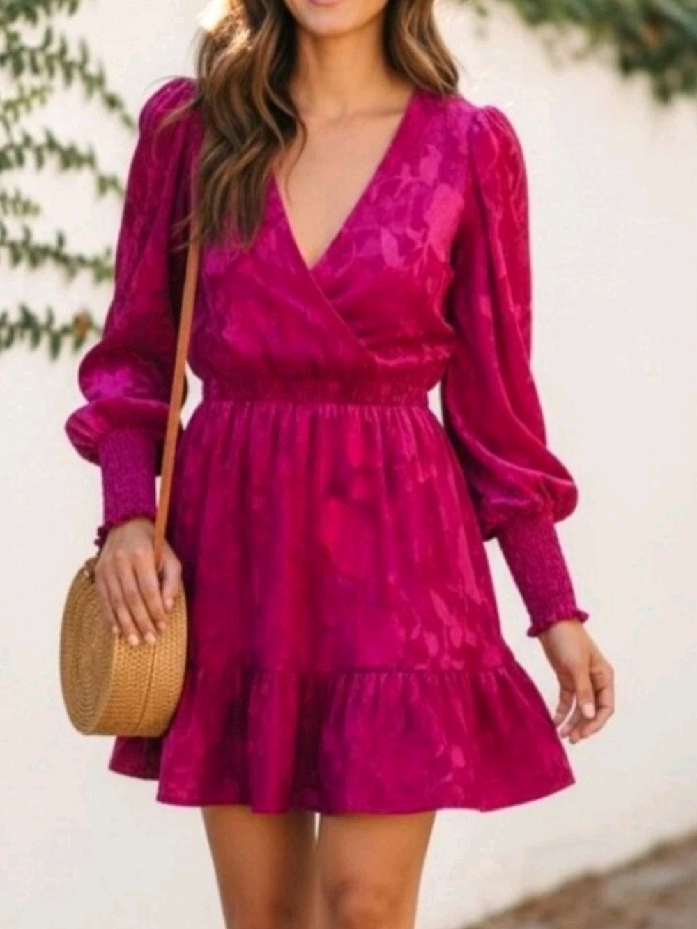 Evereve Fuchsia Pink Smocked-Waist V-Neck Mini Dress